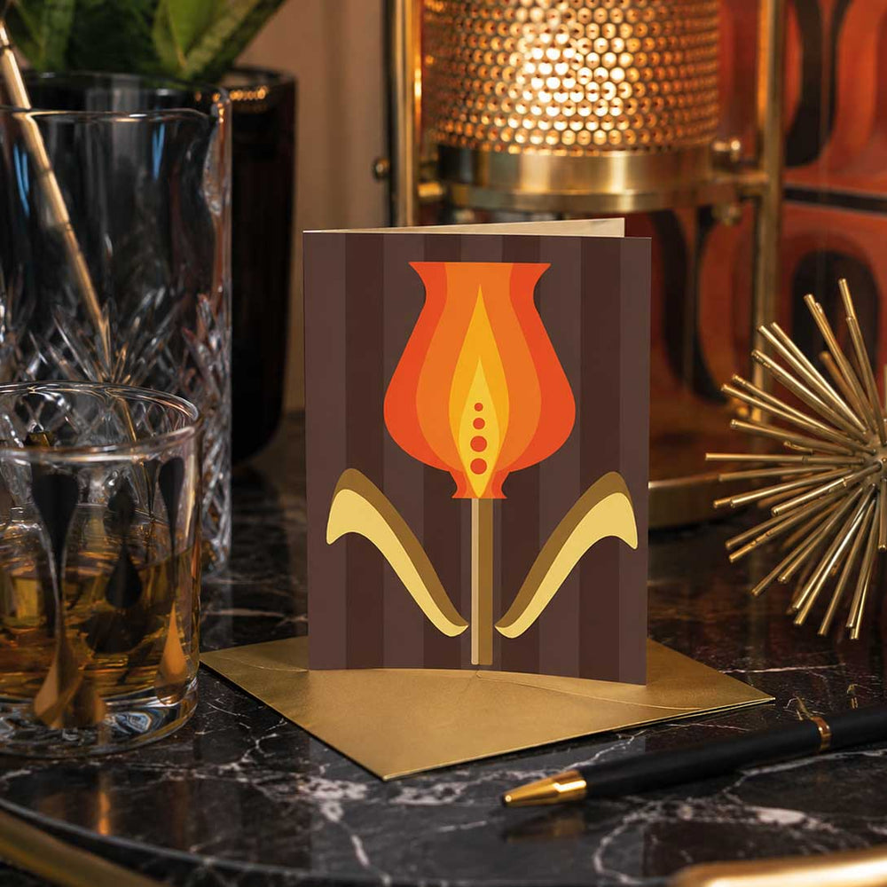 mid century orange and brown floral notecard