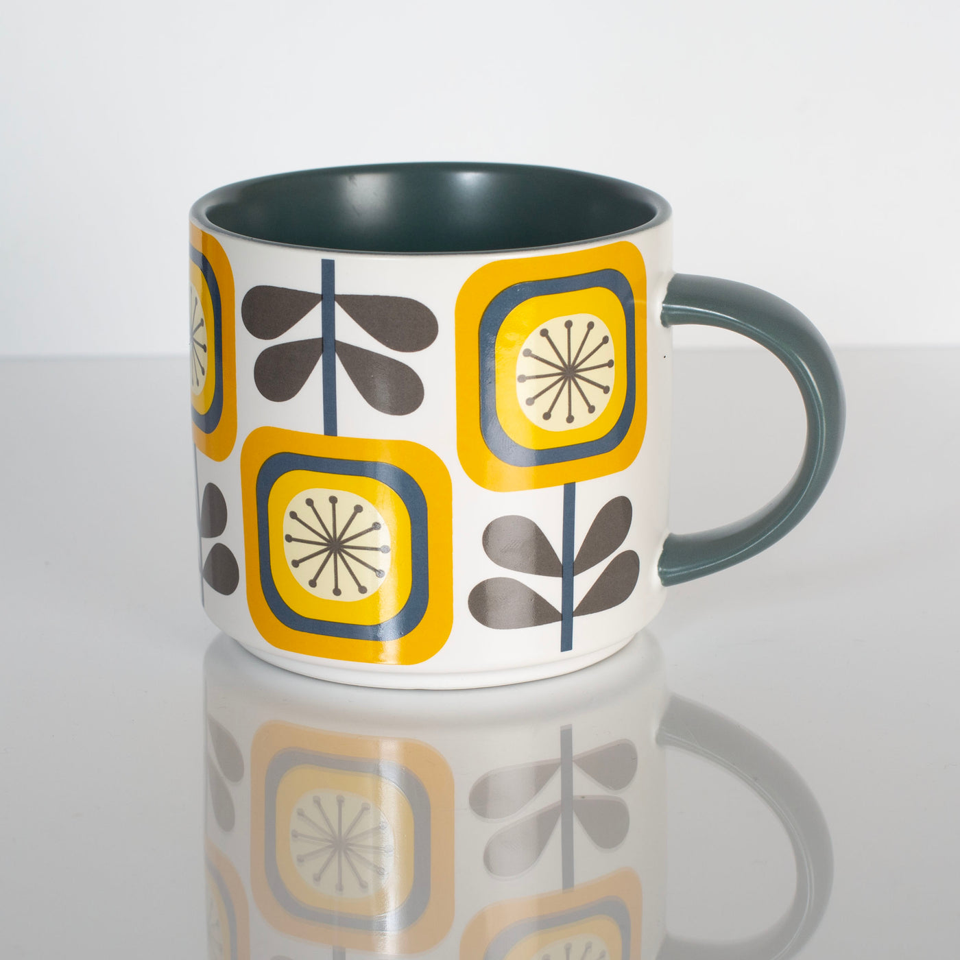 15oz mid century modern yellow sunflower stackable ceramic mug. Matte finish coffee mug