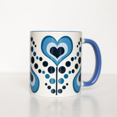 Mid Century Modern Blue Heart Flower Coffee Mug