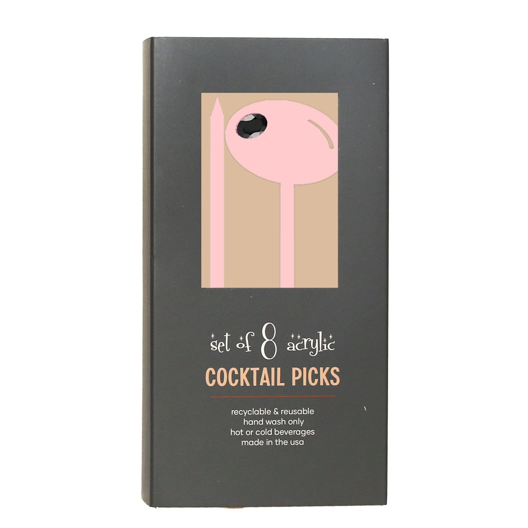 Pink fancy acrylic cocktail picks with rhinestone in stylish packaging, set of 8 for cocktails.