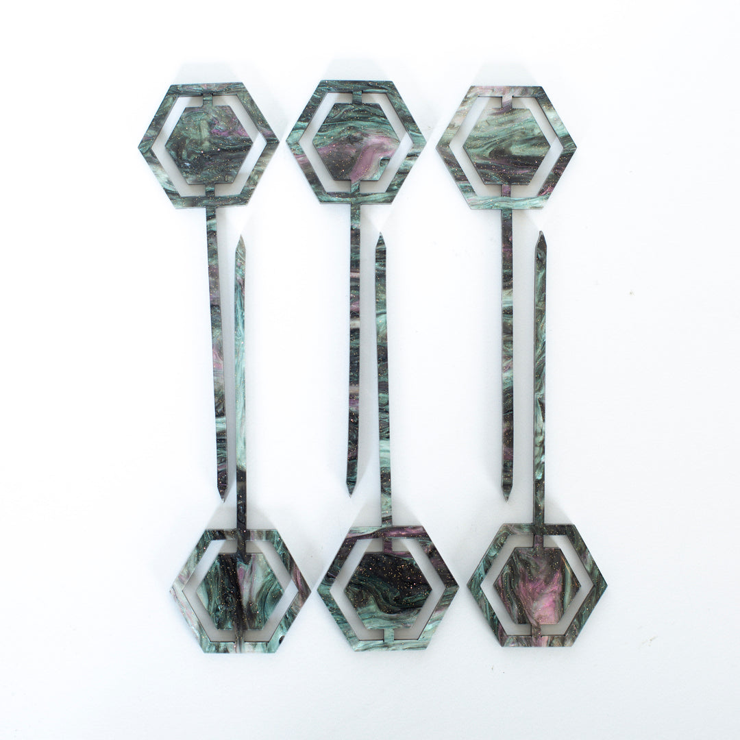 Marbled Galaxy Hexagon Acrylic Appetizer Cocktail Pick Set