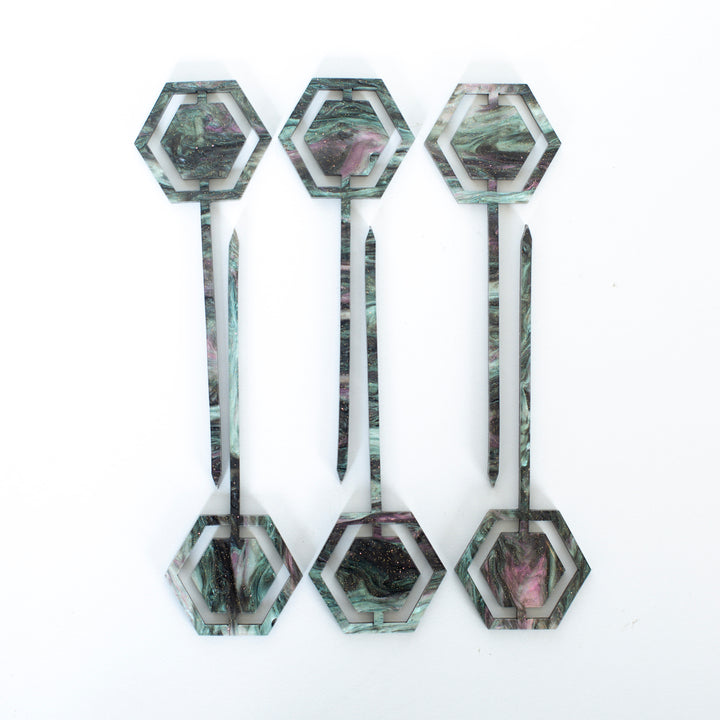 Marbled Galaxy Hexagon Acrylic Appetizer Cocktail Pick Set