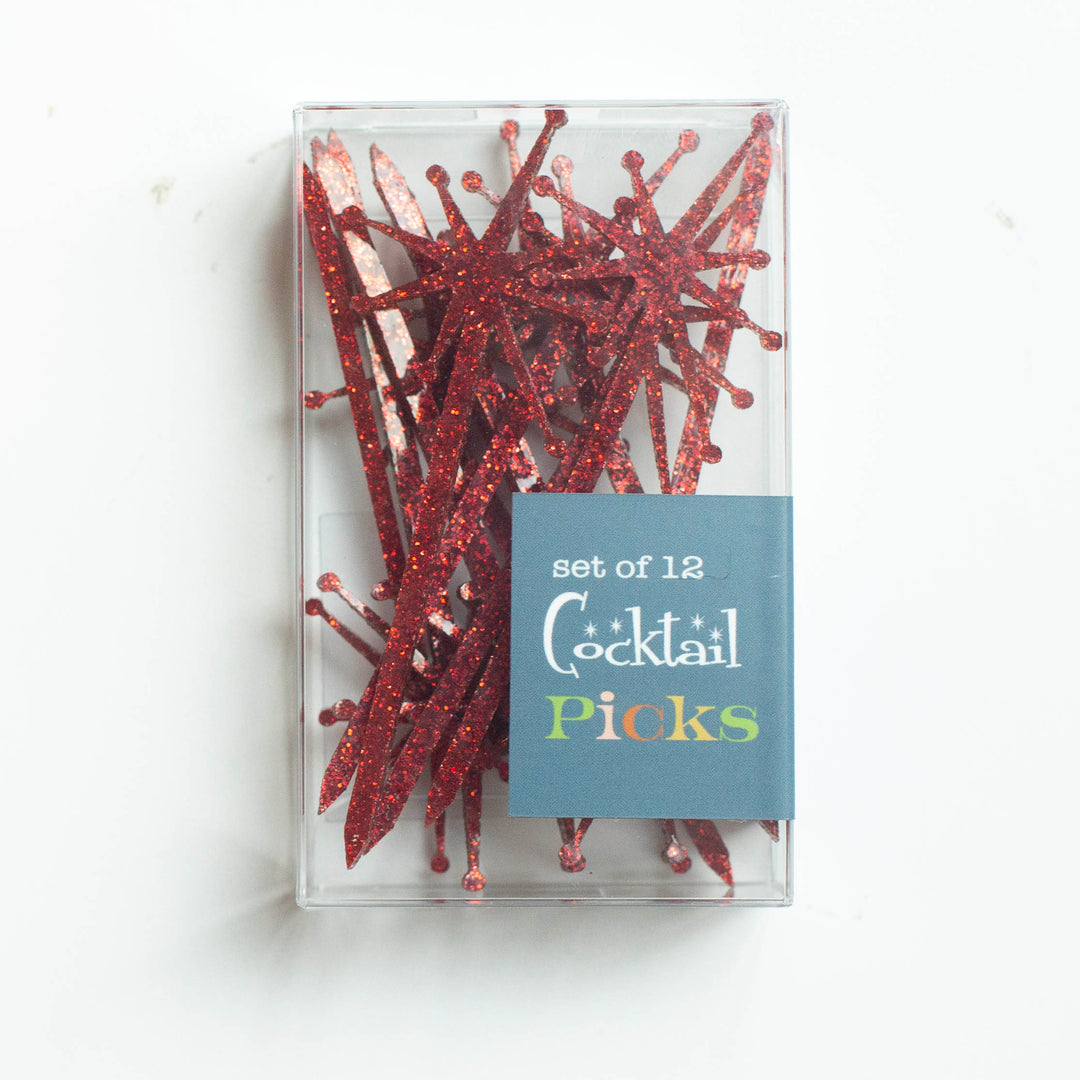 Red Glitter Retro Starburst Appetizer Small Cocktail Picks Set