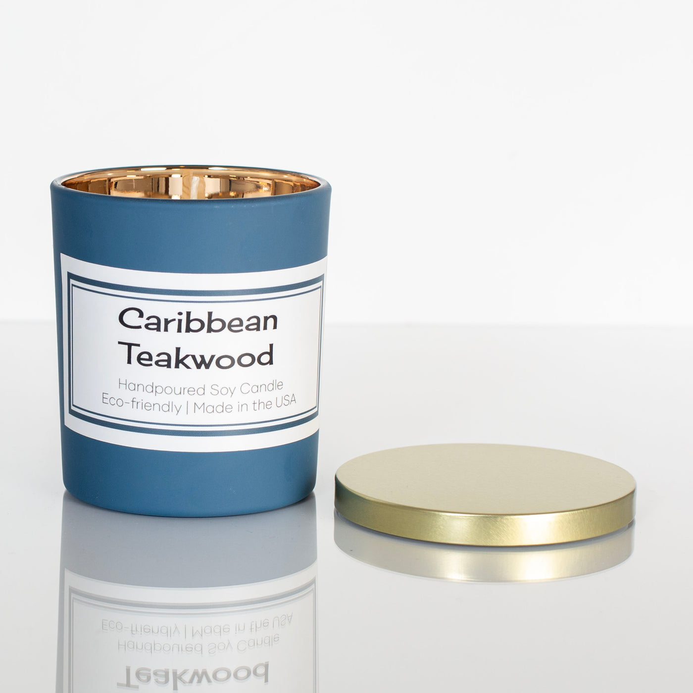 Matte Blue Caribbean Teakwood Soy Candle with Gold Lid