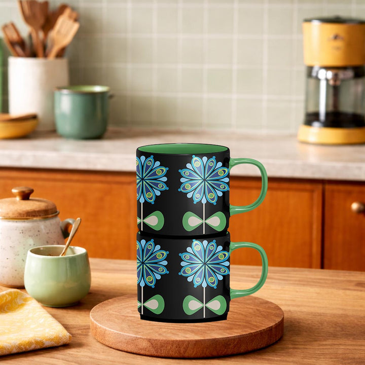 Casbah Bloom Blue Flower Mid Century Stackable Matte Coffee Mug