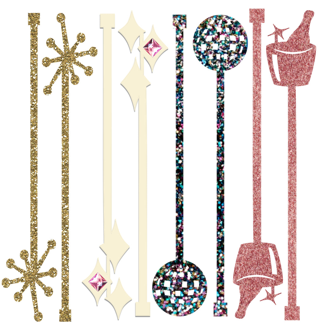 Set of glitter acrylic drink stirrers with various champagne prosecco designs and rhinestone embellishments