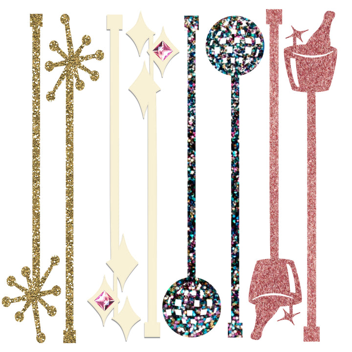 Set of glitter acrylic drink stirrers with various champagne prosecco designs and rhinestone embellishments