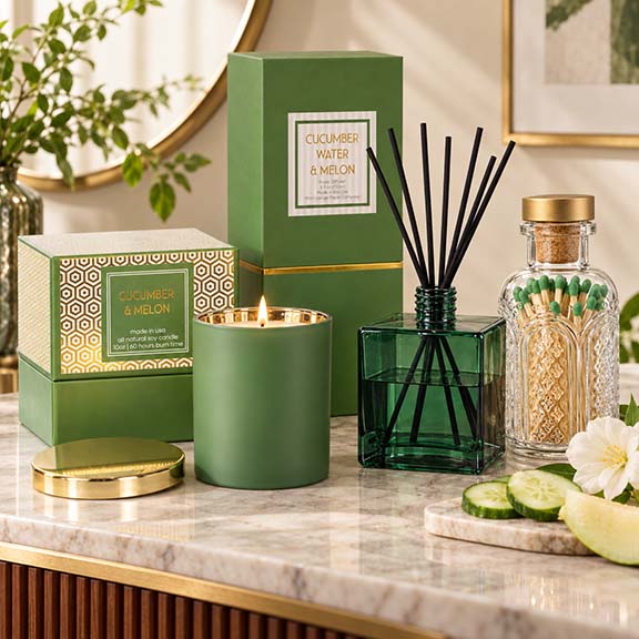 Cucumber Water and Melon candle and reed diffuser with coordinating green gift boxes and vintage match jar in a bright mid-century setting.
