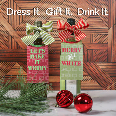christmas holiday paper wine tag with bow, white wine wine tag, merry and white paper tag, wine tag with bow, host hostess gift idea