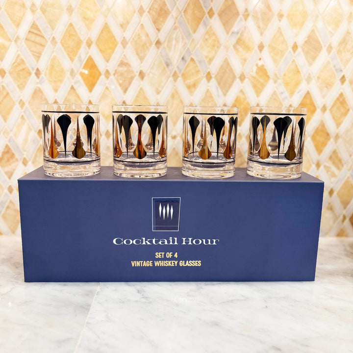 Cocktail Hour Set of 4 Black and Gold Darts Vintage Whiskey Glasses