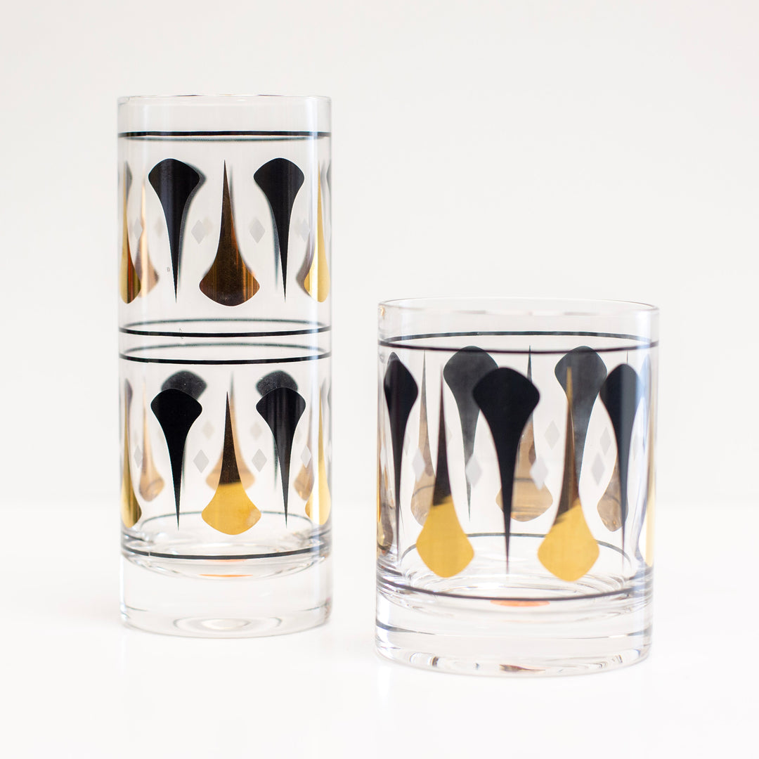 Cocktail Hour Set of 4 Black and Gold Darts Vintage Whiskey Glasses