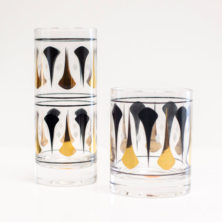 Cocktail Hour Set of 4 Black and Gold Darts Vintage Whiskey Glasses