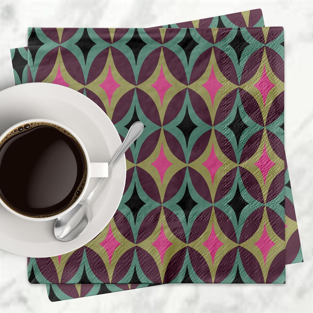 Diamond in Circle Jewel Tone Mid Century Modern Cocktail Napkin