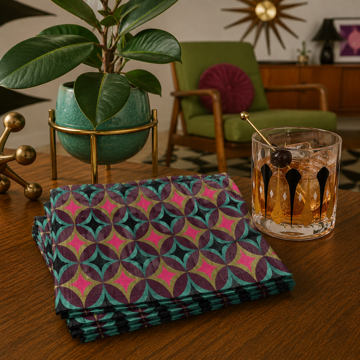 Diamond in Circle Jewel Tone Mid Century Modern Cocktail Napkin