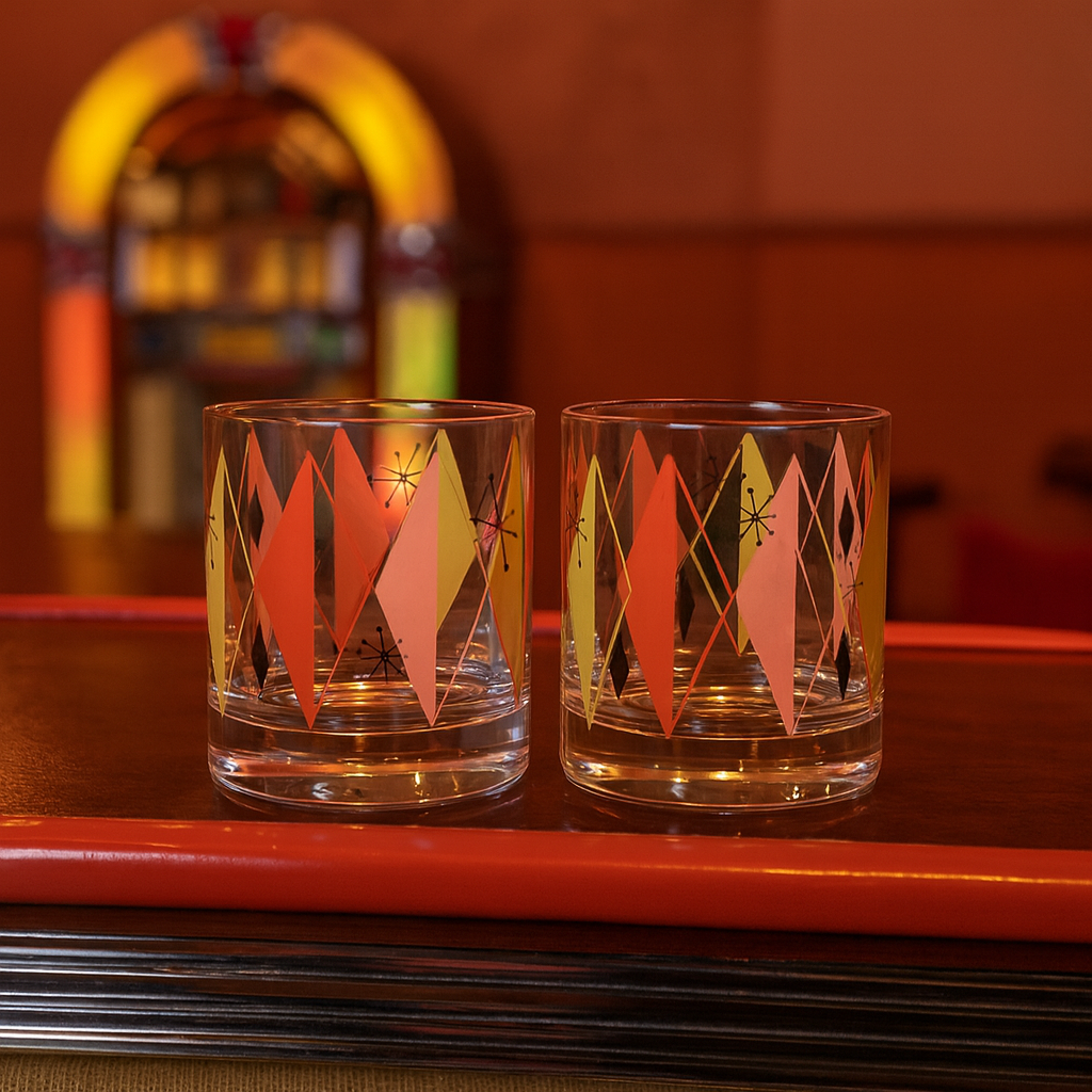 Retro Diamonds and Starburst Mid Century Vintage Cocktail Glass