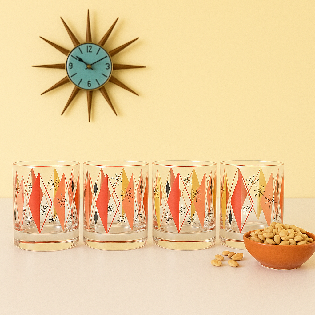 Retro Diamonds and Starburst Mid Century Vintage Cocktail Glass