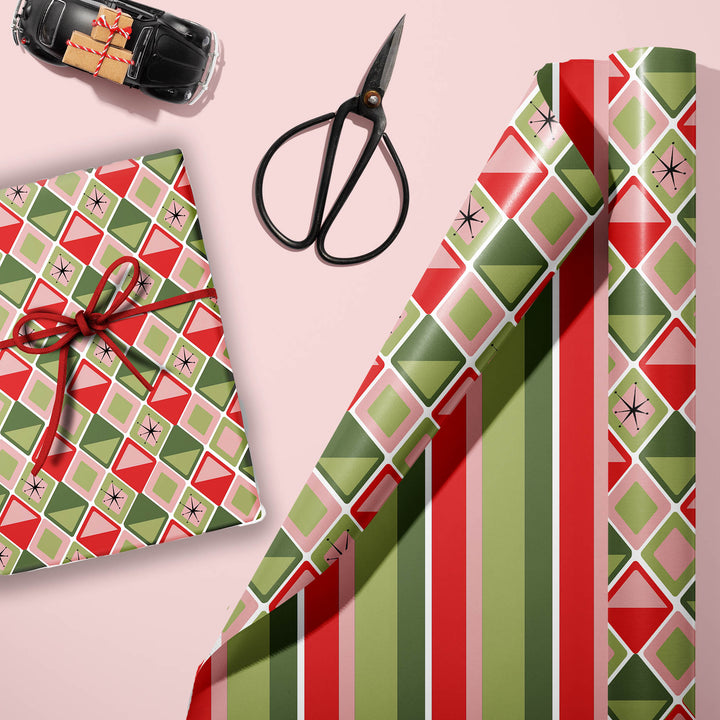 Diamonds geometric striped green red pink white double sided gift wrap craft sheets wrapping paper
