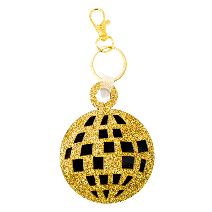 disco ball retro gold glitter on black acrylic keychain with lobster claw hook for easy clip on