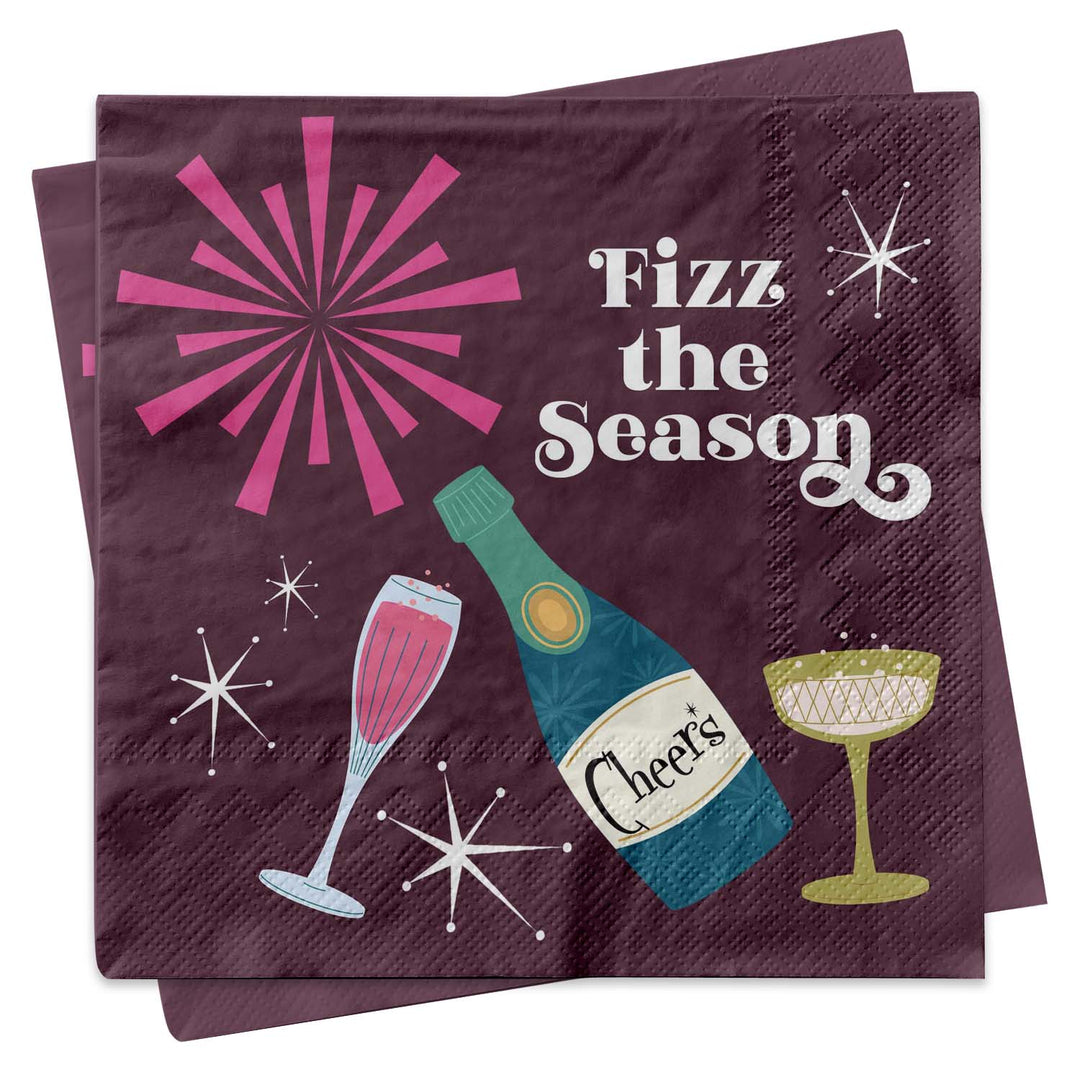A stack of dark plum paper napkins featuring a festive party design with the text &