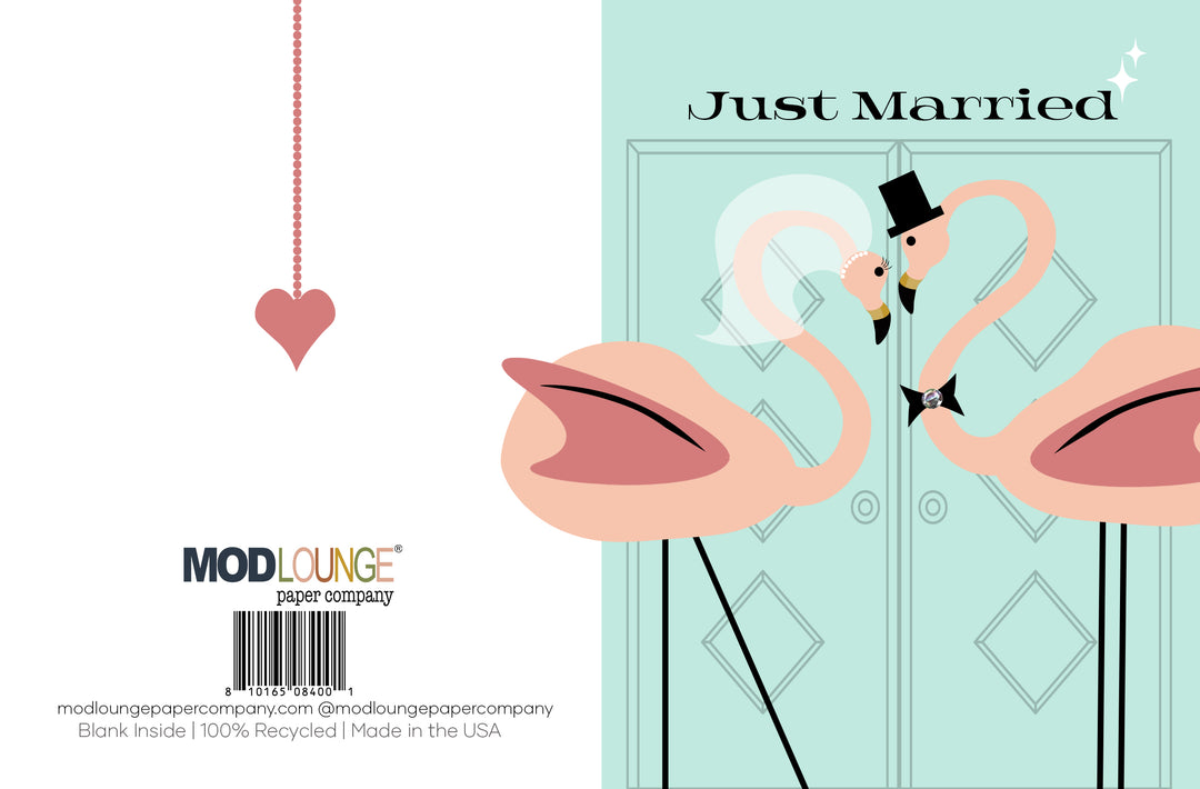 Vintage Flamingo Just Married Retro Wedding Card