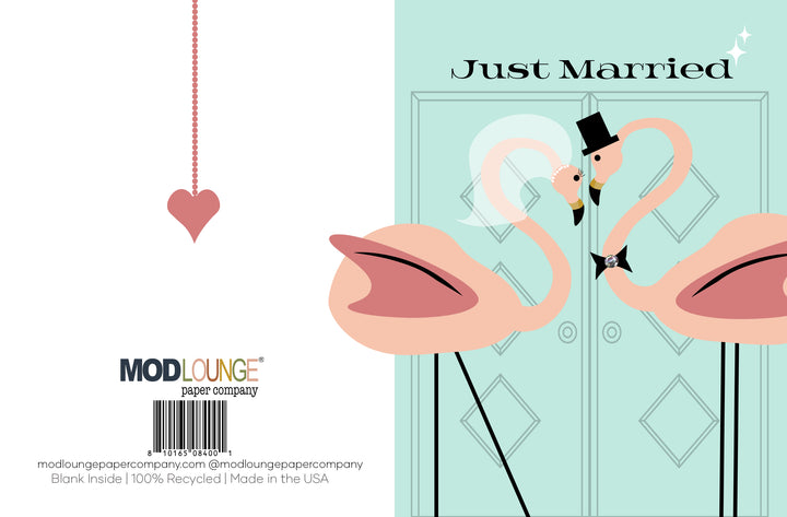 Vintage Flamingo Just Married Retro Wedding Card