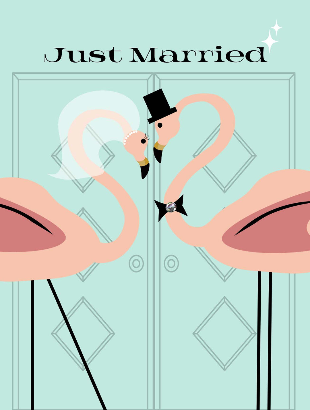 Vintage Flamingo Just Married Retro Wedding Card