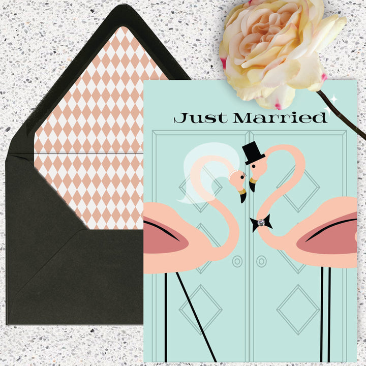 Vintage Flamingo Just Married Retro Wedding Card