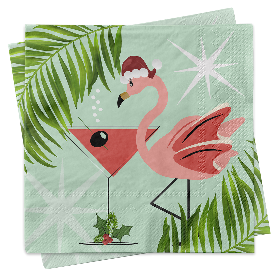 Holiday flamingo cocktail napkin featuring a pink flamingo wearing a Santa hat in a martini glass with palm leaves and Mid Century Modern starbursts
