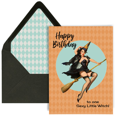 Give the gift of seductive charm and nostalgia with this vintage pinup birthday card featuring a bewitching witch on her broom pinup illustration, and retro text reading "Happy birthday to one sexy little witch". Perfect for a birthday during Halloween season. The card is blank inside and includes an envelope liner for added elegance.&nbsp;