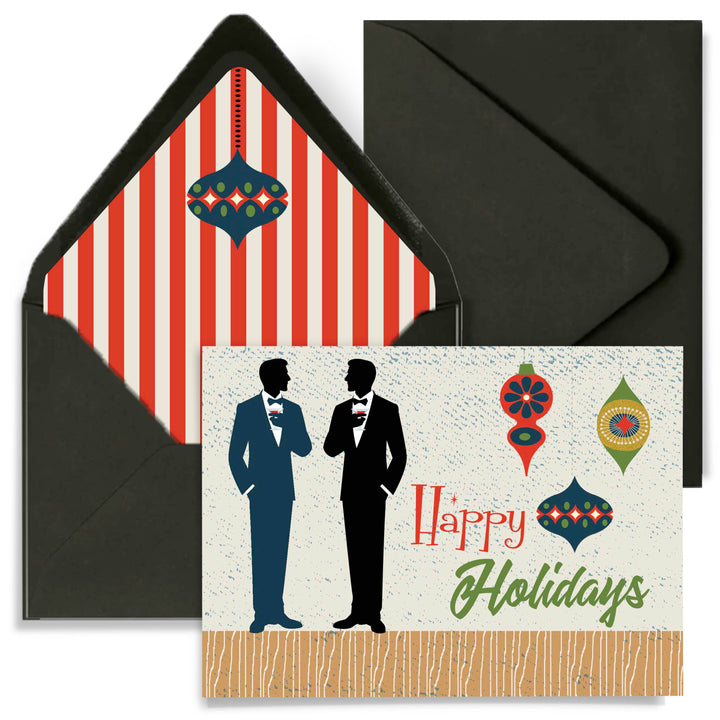 Retro Ornament Swanky Mid Century Male Couple Holiday Card