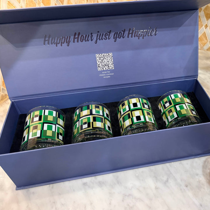 Cocktail Hour Set of 4 Green Squares Vintage Whiskey Glasses