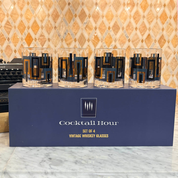 Cocktail Hour Set of 4 Blue and Gold Vintage Whiskey Glasses