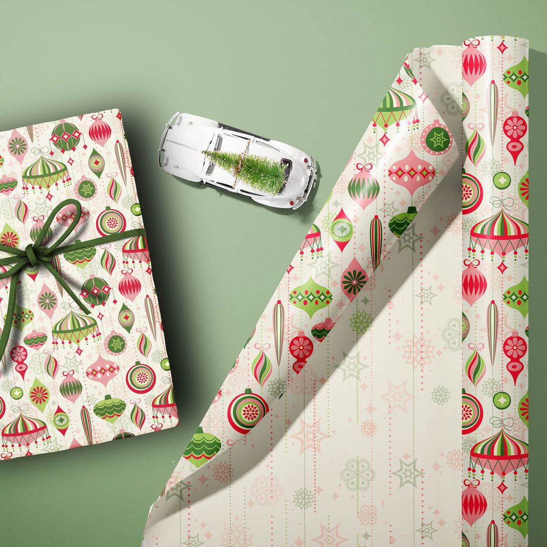 Retro Ornaments Pink and Green Double Sided Holiday Gift Wrap Single Sheet