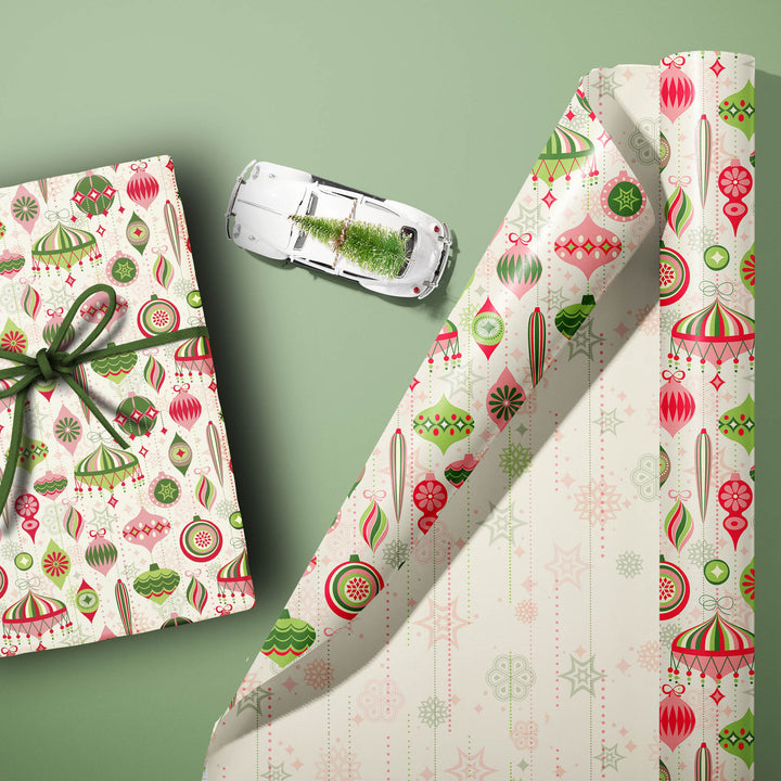 Retro Ornaments Pink and Green Double Sided Holiday Gift Wrap Single Sheet