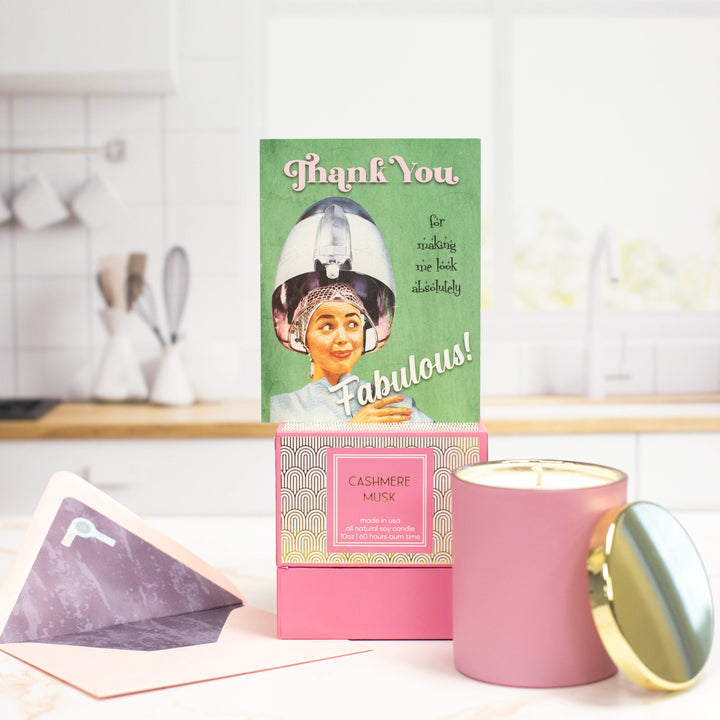 The perfect gift for your hairstylist. A pink cashmere soy candle with an adorable vintage inspired greeting card