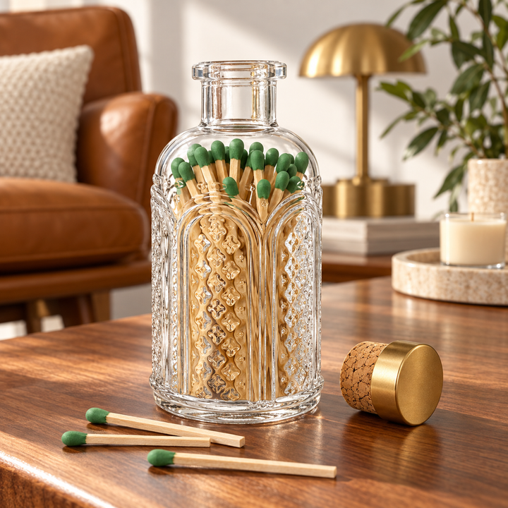 Green Tip Matches in Vintage Glass Jar