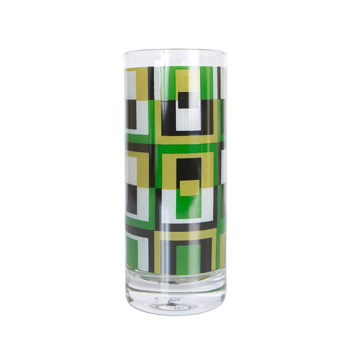 Vintage Inspired highball cocktail glass with a mid century modern geometric green squares design.