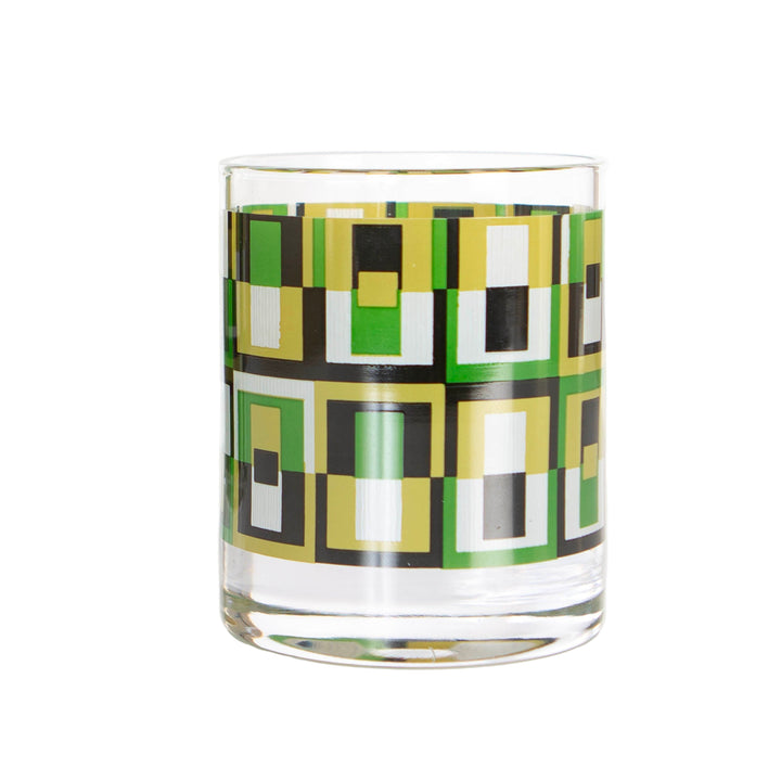 Green Square Vintage Inspired Whiskey Cocktail Rocks Glass. Sip your favorite scotch, bourbon, whiskey or crafted cocktail on the rocks in pure mid-century modern style with this eye-catching cocktail glass! Gracefully decorated with a geometric green squares design, this vintage inspired rocks glass adds a stunning touch to any glassware collection. Save on set of 2 or set of 4.