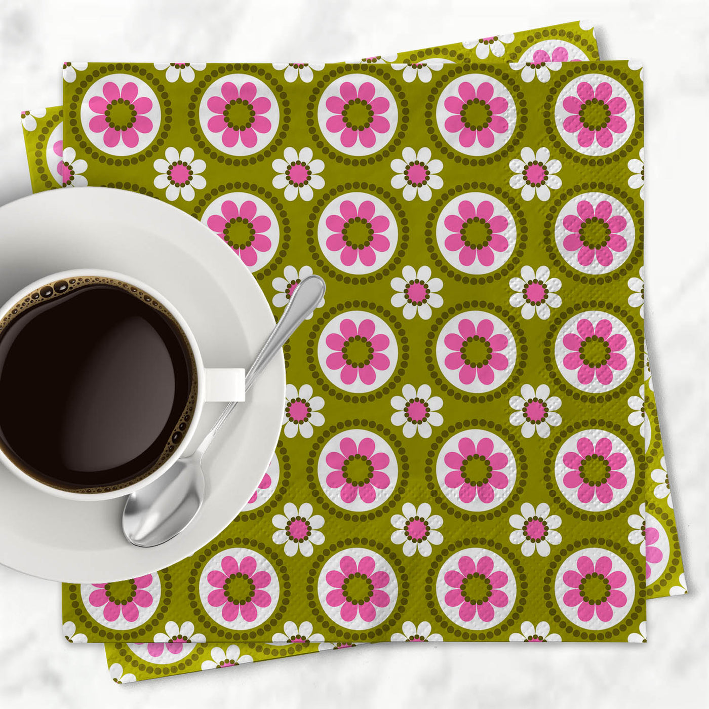 Retro Groovy Floral Pink and Green Cocktail Beverage Napkin