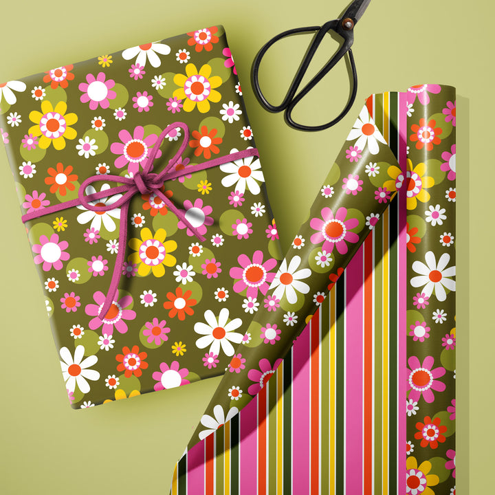Double sided retro flower pink orange green yellow white striped gift wrap craft sheets wrapping paper