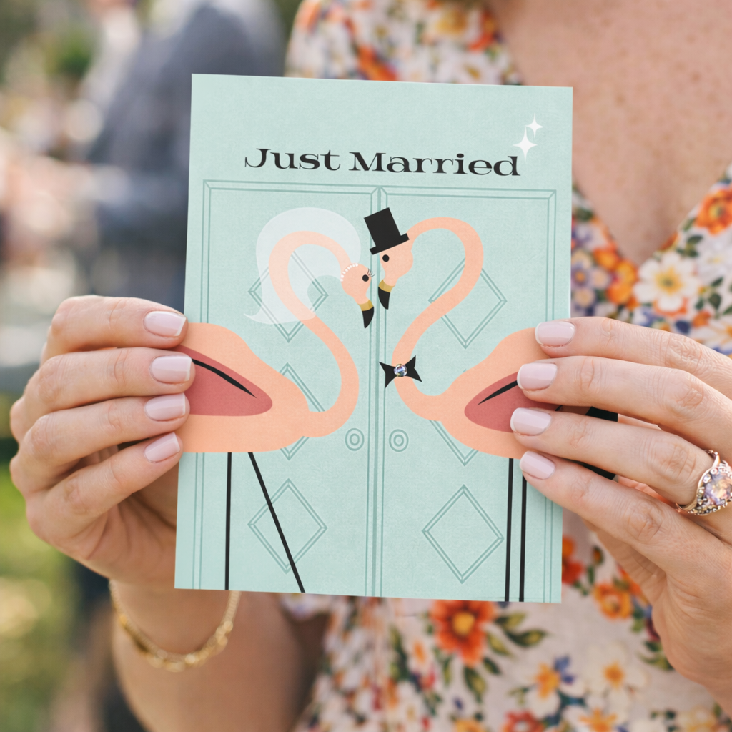 Vintage Flamingo Just Married Retro Wedding Card