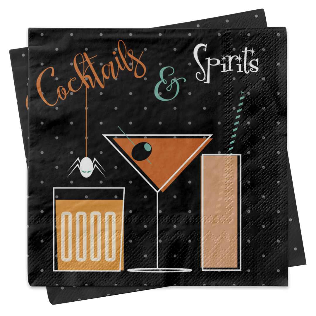 A stack of black cocktail-themed paper napkins featuring the words &
