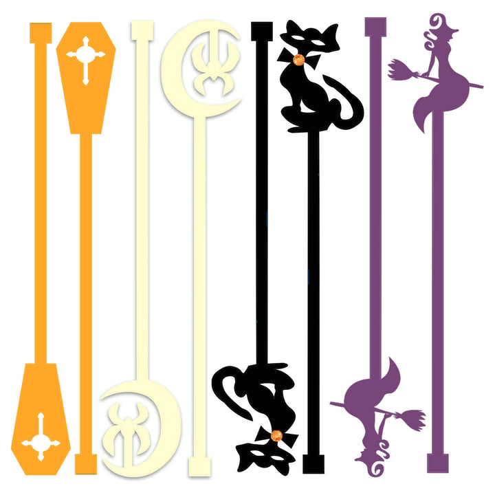 Set of 8 halloween beverage mixing swizzle sticks with various spooky designs 