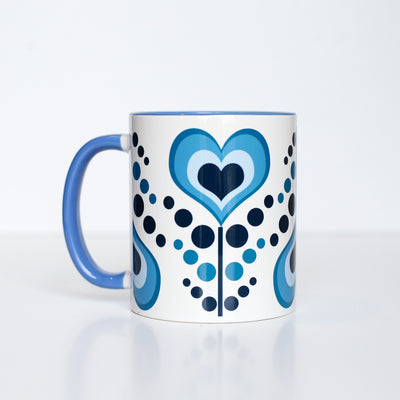 Mid Century Modern Blue Heart Flower Coffee Mug