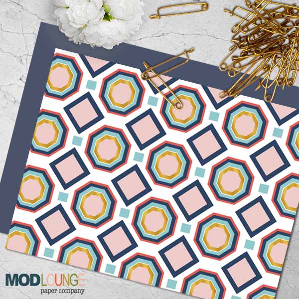 Hexagon Blush and Blue Mid Century Modern Single Notecard
