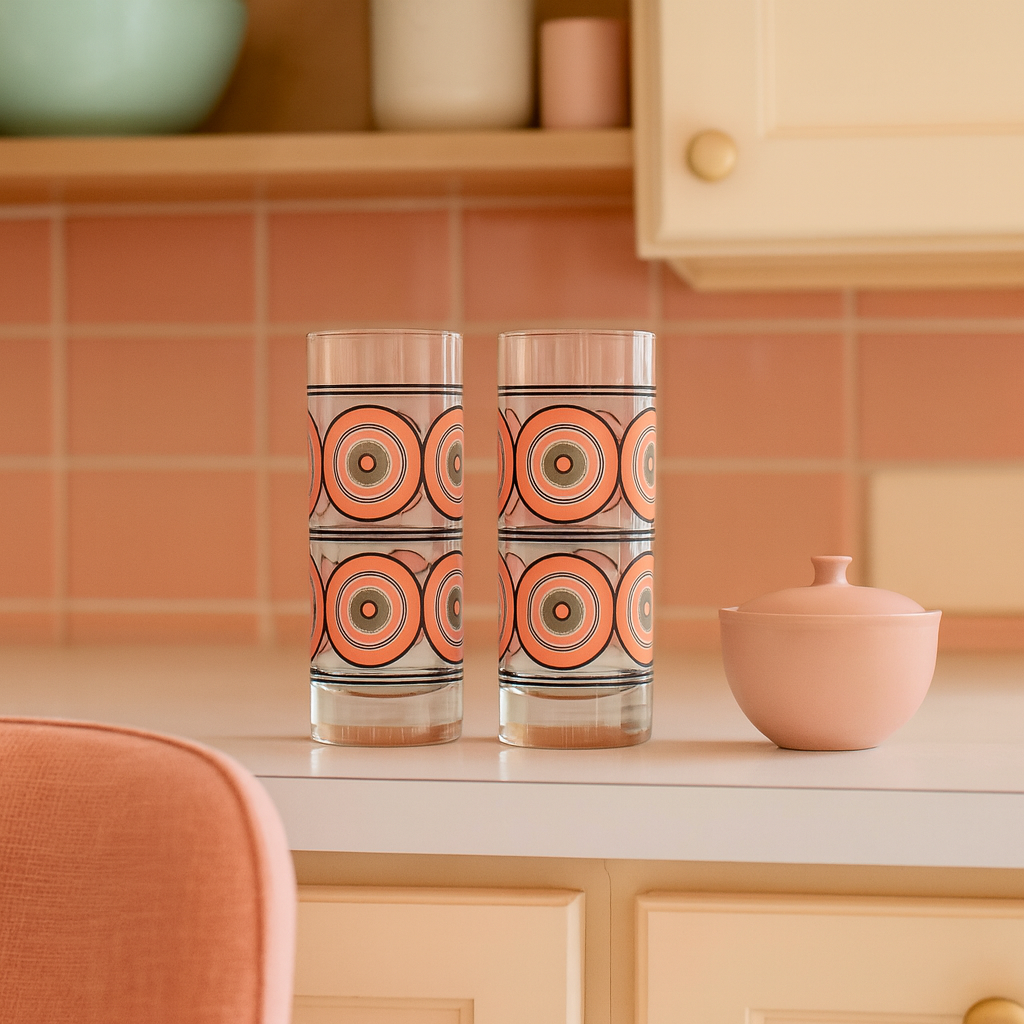 Pink and Gold Circles Mid Century Modern Vintage Cocktail Glasses