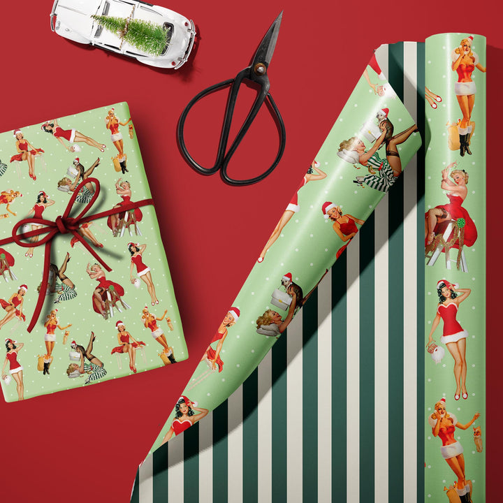 Pinup vintage holiday girls sexy funny striped double sided gift wrap craft sheets wrapping paper