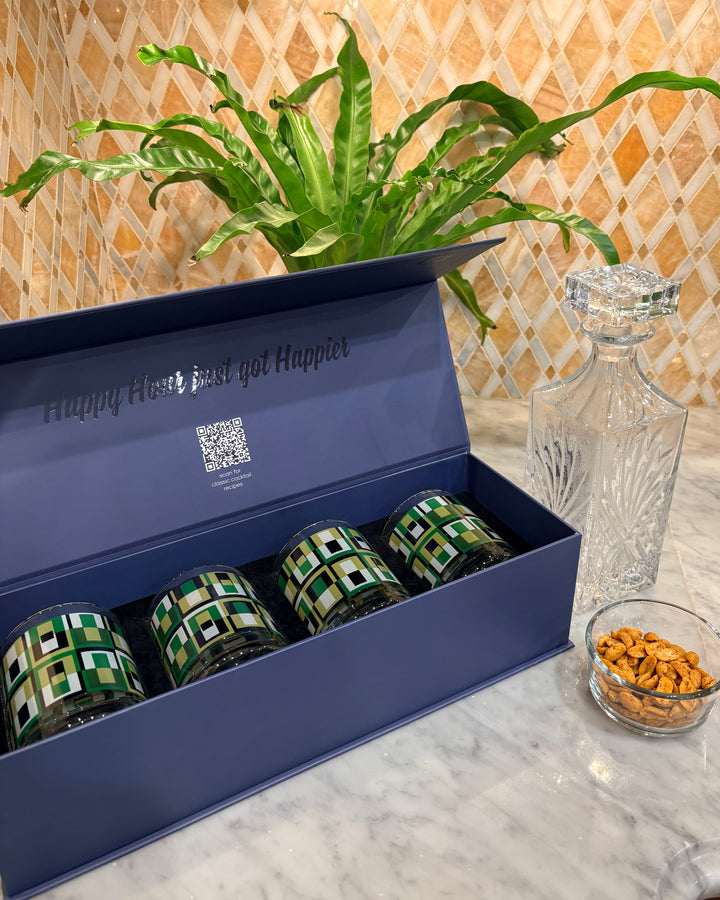 Cocktail Hour Set of 4 Green Squares Vintage Whiskey Glasses