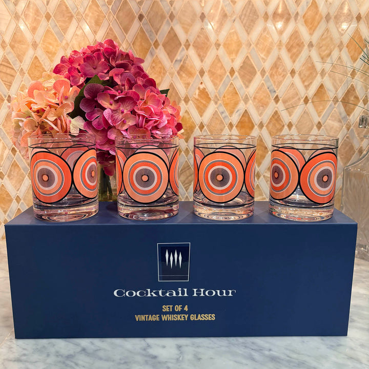 Cocktail Hour Set of 4 Pink Circles Retro Whiskey Glasses