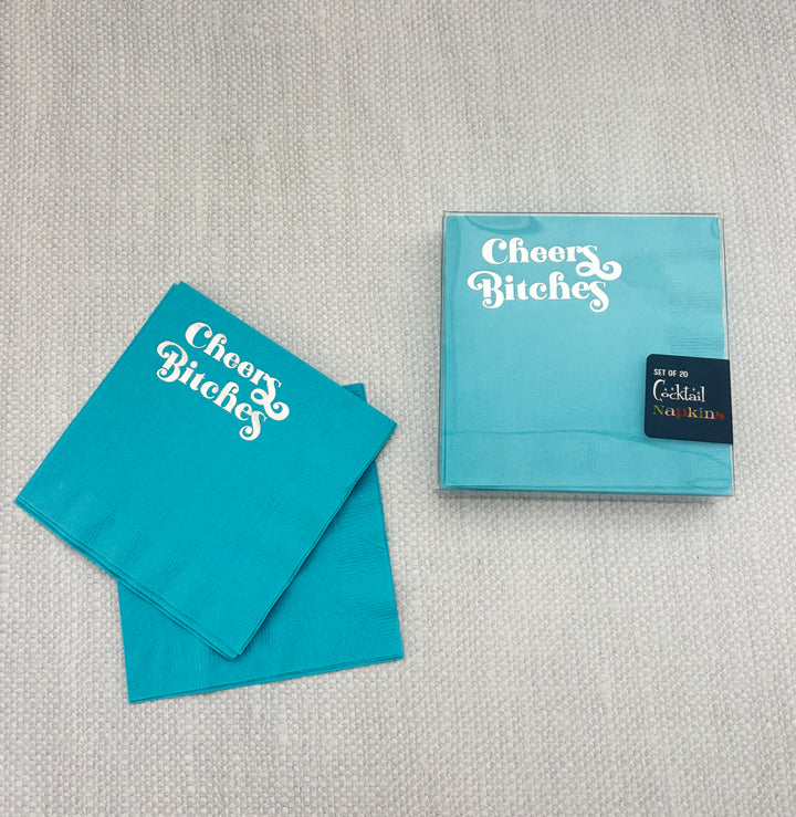 Cheers Bitches Silver Foil Blue Cocktail Beverage Napkin